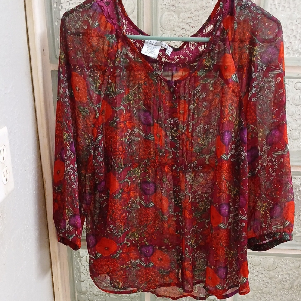 Fred David Red and Purple Floral Sheer Blouse, size medium